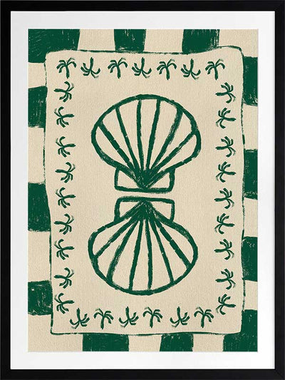 Vibrant green twin-shell illustration with decorative coral-like detailing, framed in green and cream stripes, from the Shatha collection with Urban Road.