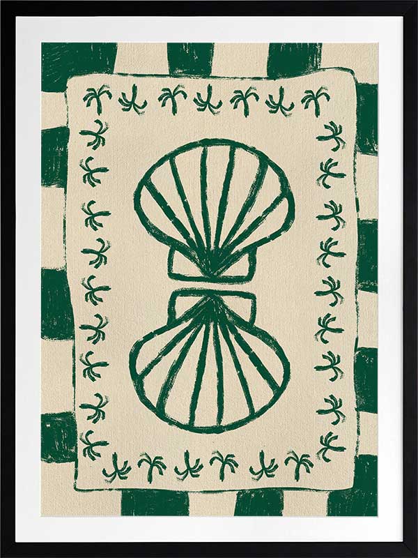 Vibrant green twin-shell illustration with decorative coral-like detailing, framed in green and cream stripes, from the Shatha collection with Urban Road.