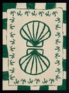 Vibrant green twin-shell illustration with decorative coral-like detailing, framed in green and cream stripes, from the Shatha collection with Urban Road.