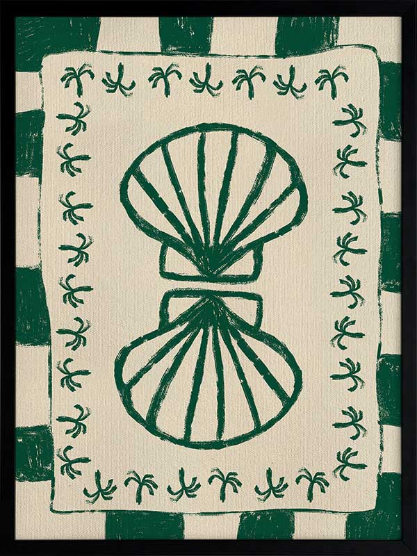 Vibrant green twin-shell illustration with decorative coral-like detailing, framed in green and cream stripes, from the Shatha collection with Urban Road.