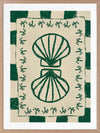 Vibrant green twin-shell illustration with decorative coral-like detailing, framed in green and cream stripes, from the Shatha collection with Urban Road.