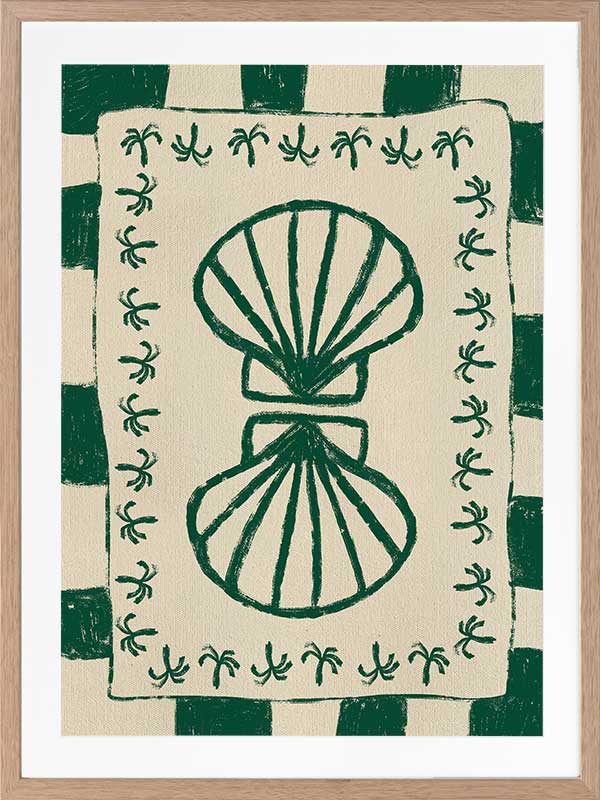 Vibrant green twin-shell illustration with decorative coral-like detailing, framed in green and cream stripes, from the Shatha collection with Urban Road.