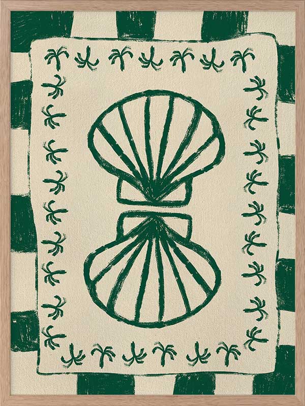 Vibrant green twin-shell illustration with decorative coral-like detailing, framed in green and cream stripes, from the Shatha collection with Urban Road.