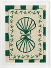Vibrant green twin-shell illustration with decorative coral-like detailing, framed in green and cream stripes, from the Shatha collection with Urban Road.