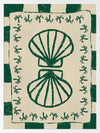 Vibrant green twin-shell illustration with decorative coral-like detailing, framed in green and cream stripes, from the Shatha collection with Urban Road.
