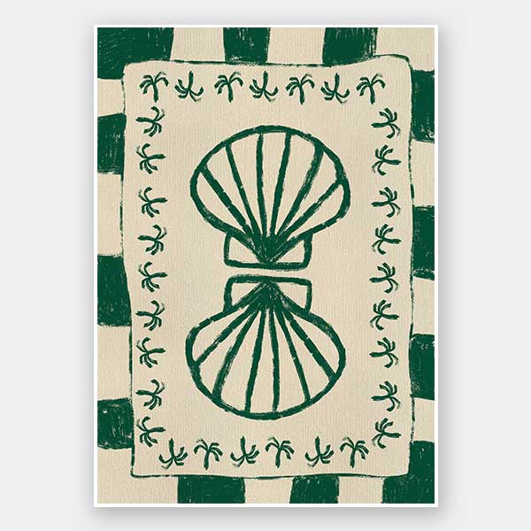 Vibrant green twin-shell illustration with decorative coral-like detailing, framed in green and cream stripes, from the Shatha collection with Urban Road.