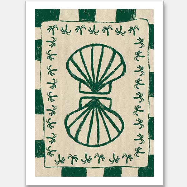 Vibrant green twin-shell illustration with decorative coral-like detailing, framed in green and cream stripes, from the Shatha collection with Urban Road.