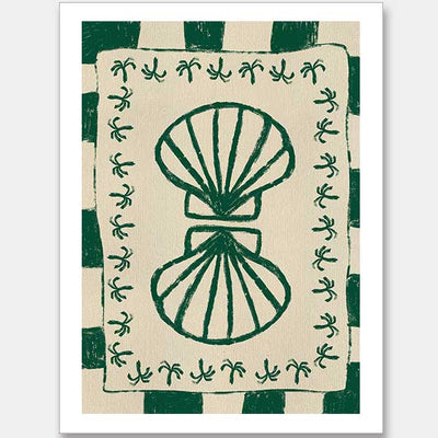 Vibrant green twin-shell illustration with decorative coral-like detailing, framed in green and cream stripes, from the Shatha collection with Urban Road.