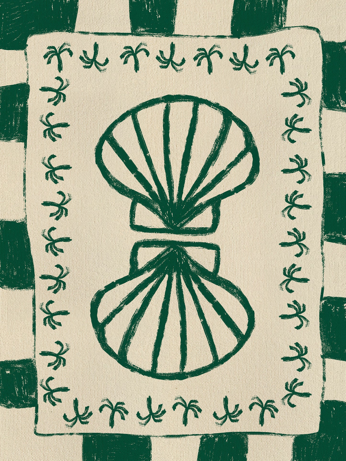 Vibrant green twin-shell illustration with decorative coral-like detailing, framed in green and cream stripes, from the Shatha collection with Urban Road.