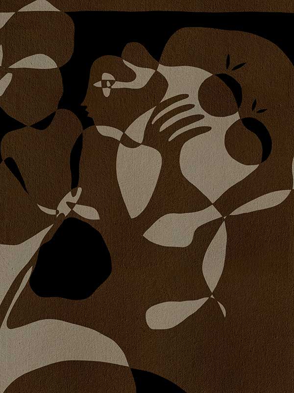 Earth-toned abstract artwork with fluid shapes layered in warm browns and charcoal, evoking organic movement, from the Shatha collection with Urban Road.