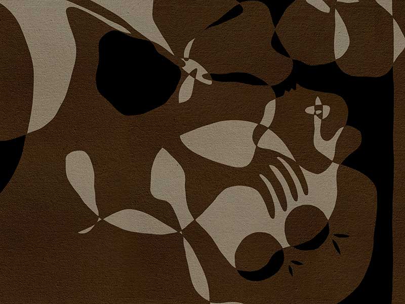 Earth-toned abstract artwork with fluid shapes layered in warm browns and charcoal, evoking organic movement, from the Shatha collection with Urban Road.