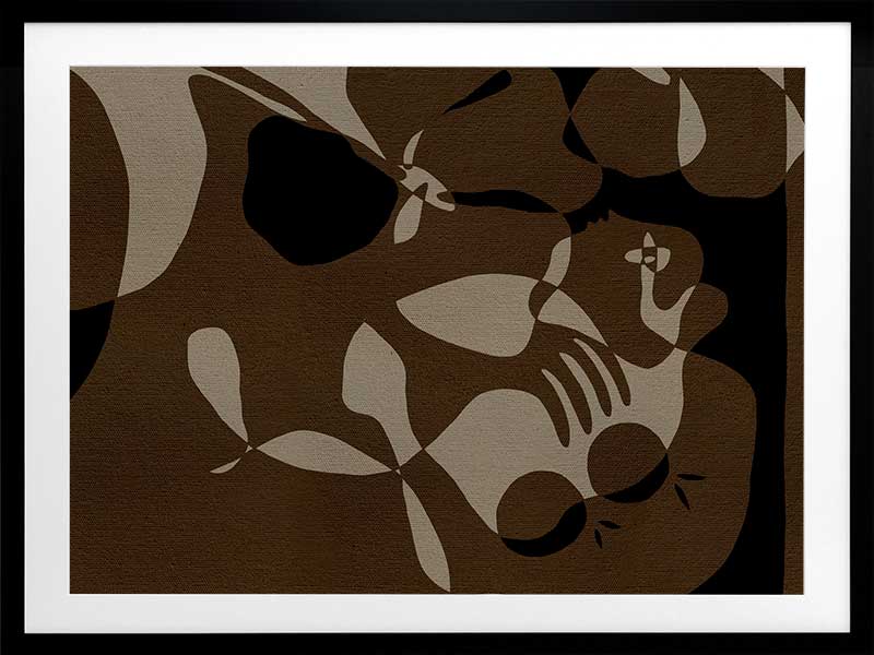 Earth-toned abstract artwork with fluid shapes layered in warm browns and charcoal, evoking organic movement, from the Shatha collection with Urban Road.