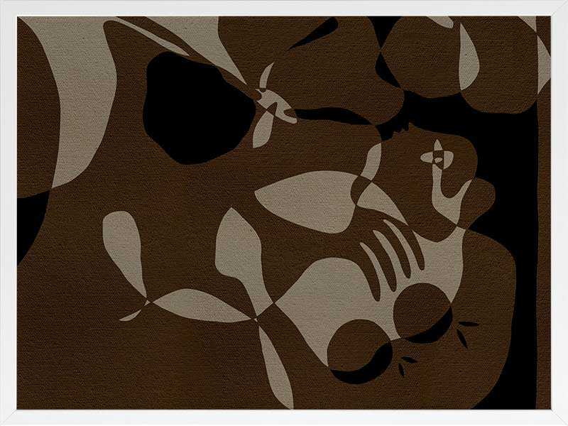 Earth-toned abstract artwork with fluid shapes layered in warm browns and charcoal, evoking organic movement, from the Shatha collection with Urban Road.