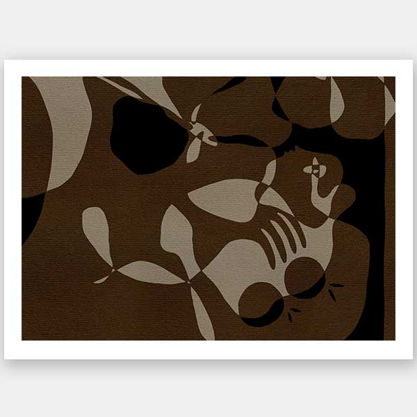 Earth-toned abstract artwork with fluid shapes layered in warm browns and charcoal, evoking organic movement, from the Shatha collection with Urban Road.