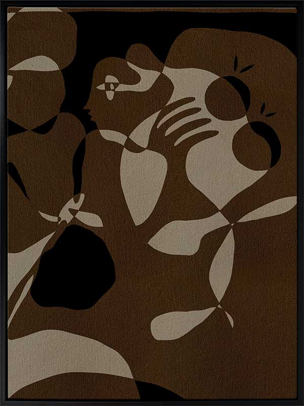 Earth-toned abstract artwork with fluid shapes layered in warm browns and charcoal, evoking organic movement, from the Shatha collection with Urban Road.