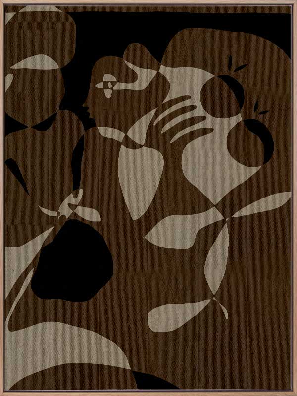 Earth-toned abstract artwork with fluid shapes layered in warm browns and charcoal, evoking organic movement, from the Shatha collection with Urban Road.