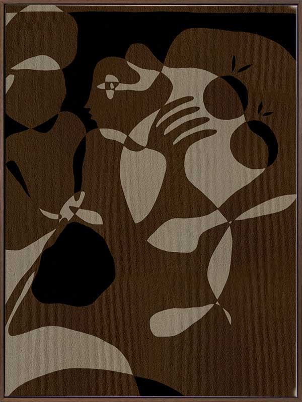 Earth-toned abstract artwork with fluid shapes layered in warm browns and charcoal, evoking organic movement, from the Shatha collection with Urban Road.