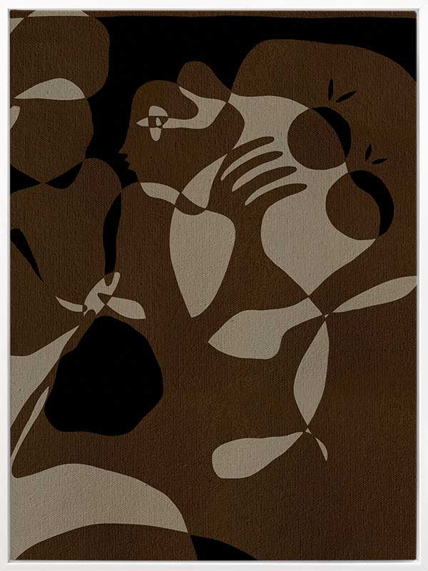 Earth-toned abstract artwork with fluid shapes layered in warm browns and charcoal, evoking organic movement, from the Shatha collection with Urban Road.