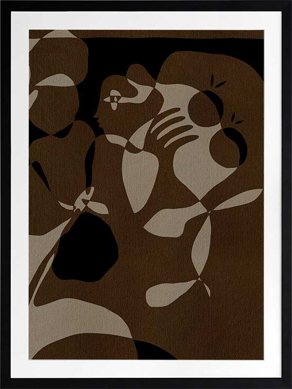 Earth-toned abstract artwork with fluid shapes layered in warm browns and charcoal, evoking organic movement, from the Shatha collection with Urban Road.