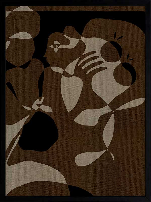 Earth-toned abstract artwork with fluid shapes layered in warm browns and charcoal, evoking organic movement, from the Shatha collection with Urban Road.