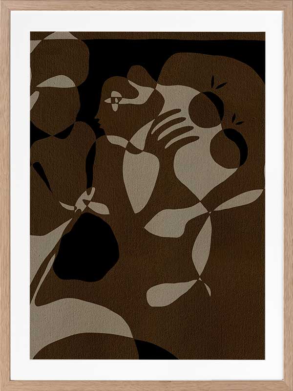 Earth-toned abstract artwork with fluid shapes layered in warm browns and charcoal, evoking organic movement, from the Shatha collection with Urban Road.