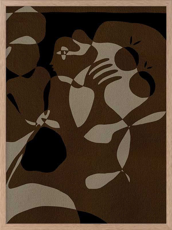 Earth-toned abstract artwork with fluid shapes layered in warm browns and charcoal, evoking organic movement, from the Shatha collection with Urban Road.