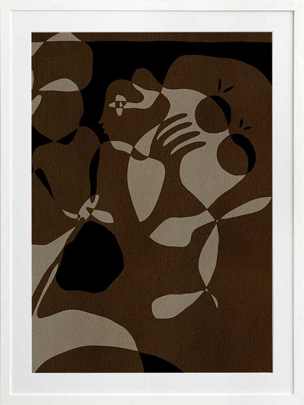 Earth-toned abstract artwork with fluid shapes layered in warm browns and charcoal, evoking organic movement, from the Shatha collection with Urban Road.