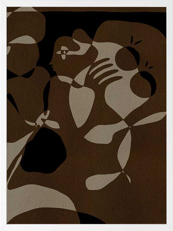 Earth-toned abstract artwork with fluid shapes layered in warm browns and charcoal, evoking organic movement, from the Shatha collection with Urban Road.