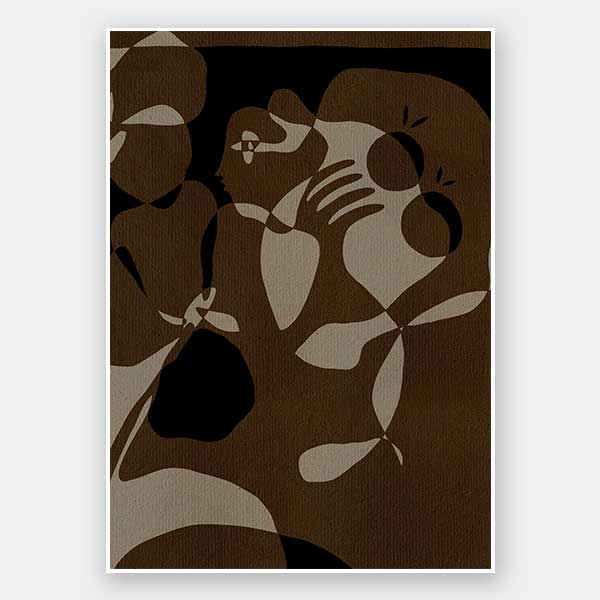 Earth-toned abstract artwork with fluid shapes layered in warm browns and charcoal, evoking organic movement, from the Shatha collection with Urban Road.