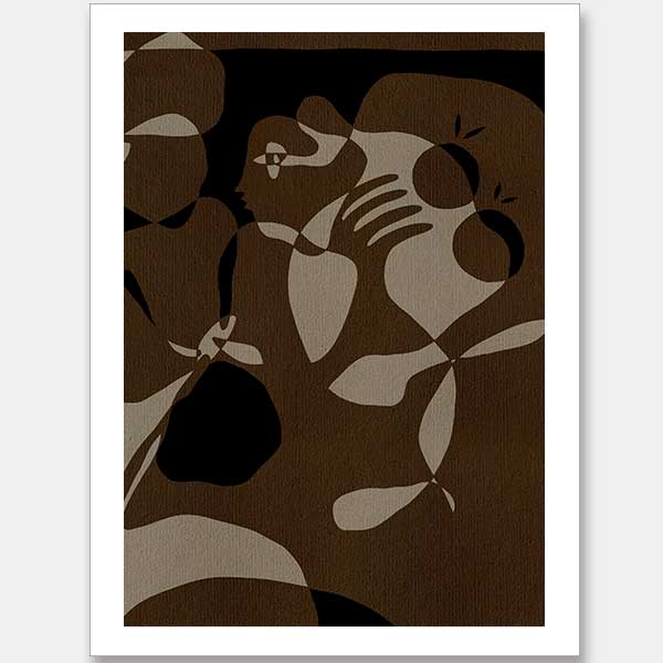 Earth-toned abstract artwork with fluid shapes layered in warm browns and charcoal, evoking organic movement, from the Shatha collection with Urban Road.