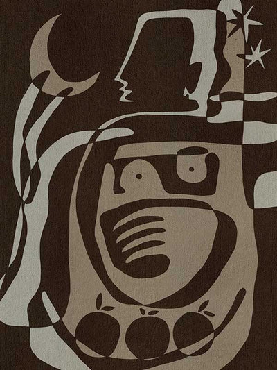 Mystical abstract piece featuring a central figure with etched lines, crescent moon, and floating stars in earthy neutral tones, from the Shatha collection with Urban Road.