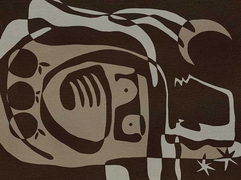 Mystical abstract piece featuring a central figure with etched lines, crescent moon, and floating stars in earthy neutral tones, from the Shatha collection with Urban Road.