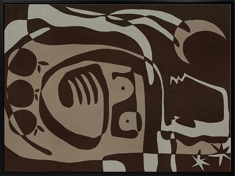 Mystical abstract piece featuring a central figure with etched lines, crescent moon, and floating stars in earthy neutral tones, from the Shatha collection with Urban Road.