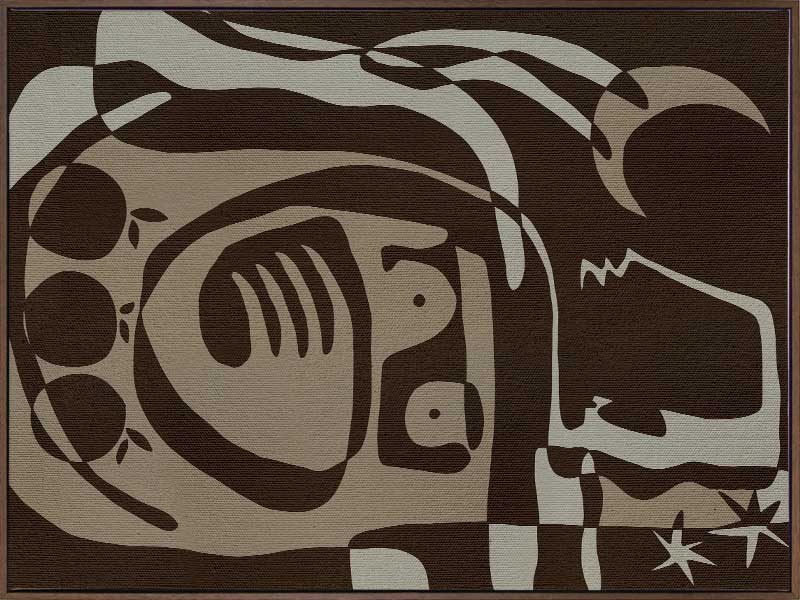 Mystical abstract piece featuring a central figure with etched lines, crescent moon, and floating stars in earthy neutral tones, from the Shatha collection with Urban Road.