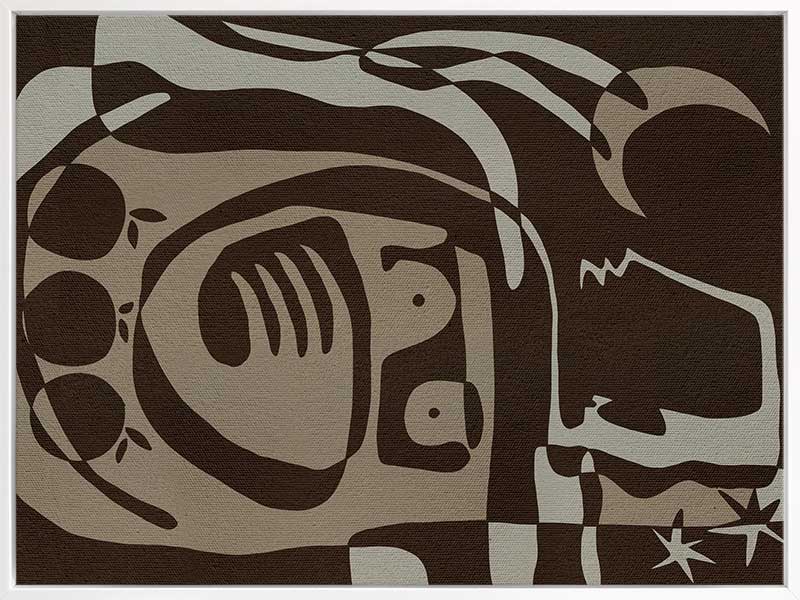 Mystical abstract piece featuring a central figure with etched lines, crescent moon, and floating stars in earthy neutral tones, from the Shatha collection with Urban Road.