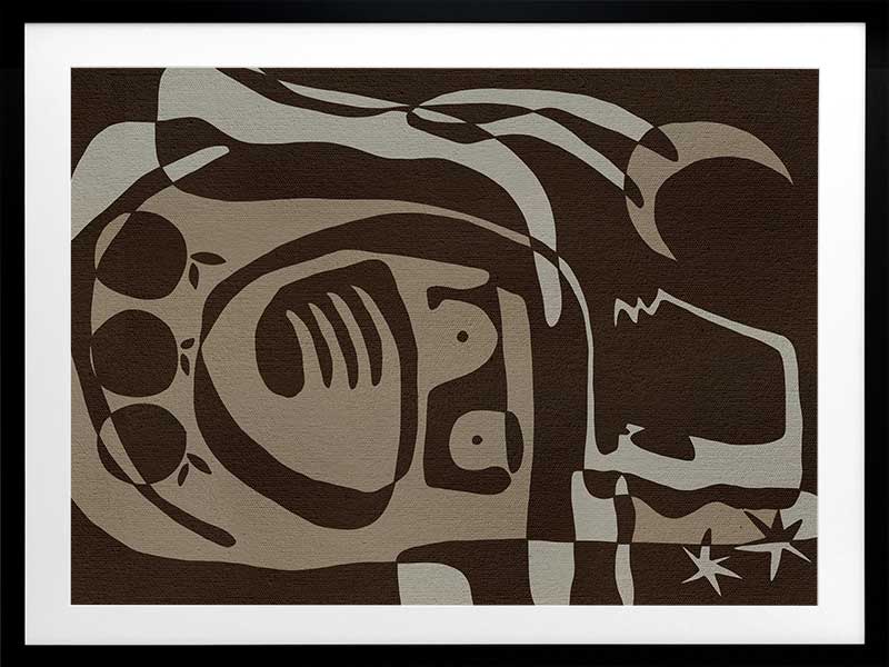 Mystical abstract piece featuring a central figure with etched lines, crescent moon, and floating stars in earthy neutral tones, from the Shatha collection with Urban Road.