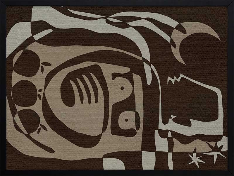 Mystical abstract piece featuring a central figure with etched lines, crescent moon, and floating stars in earthy neutral tones, from the Shatha collection with Urban Road.