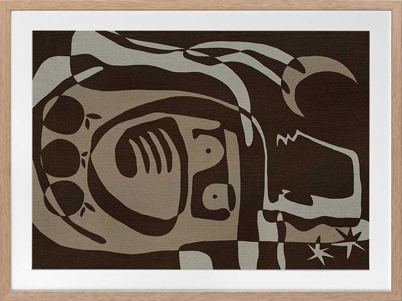 Mystical abstract piece featuring a central figure with etched lines, crescent moon, and floating stars in earthy neutral tones, from the Shatha collection with Urban Road.