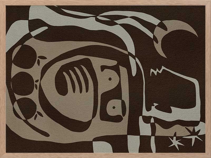 Mystical abstract piece featuring a central figure with etched lines, crescent moon, and floating stars in earthy neutral tones, from the Shatha collection with Urban Road.