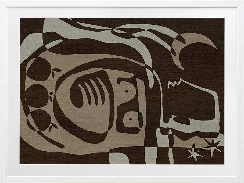 Mystical abstract piece featuring a central figure with etched lines, crescent moon, and floating stars in earthy neutral tones, from the Shatha collection with Urban Road.