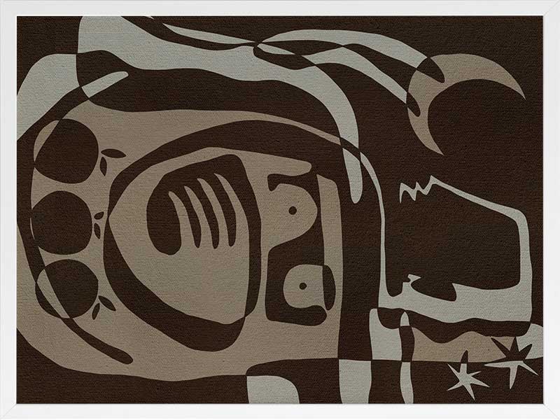 Mystical abstract piece featuring a central figure with etched lines, crescent moon, and floating stars in earthy neutral tones, from the Shatha collection with Urban Road.