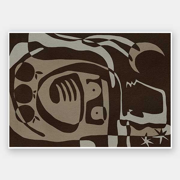 Mystical abstract piece featuring a central figure with etched lines, crescent moon, and floating stars in earthy neutral tones, from the Shatha collection with Urban Road.