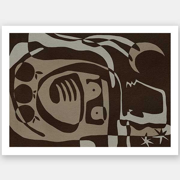 Mystical abstract piece featuring a central figure with etched lines, crescent moon, and floating stars in earthy neutral tones, from the Shatha collection with Urban Road.