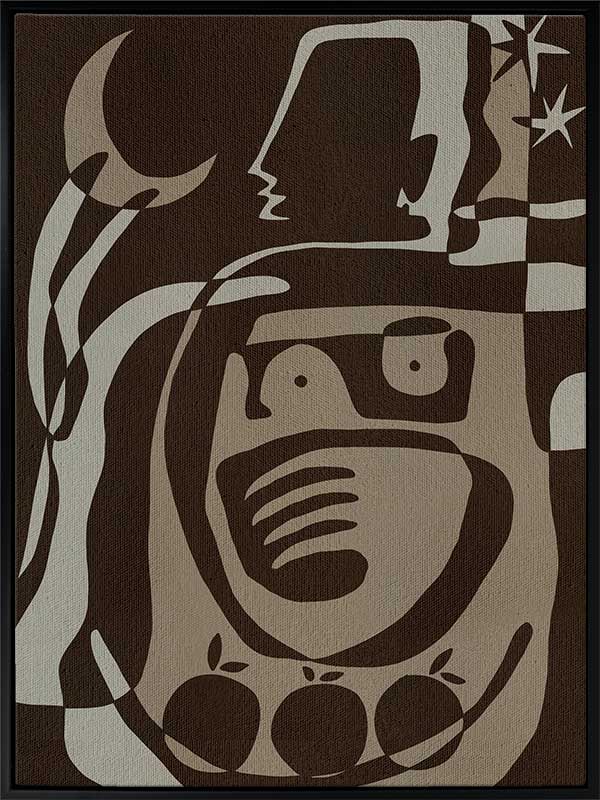 Mystical abstract piece featuring a central figure with etched lines, crescent moon, and floating stars in earthy neutral tones, from the Shatha collection with Urban Road.