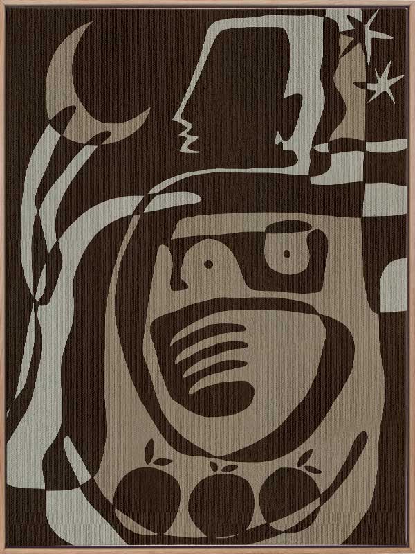 Mystical abstract piece featuring a central figure with etched lines, crescent moon, and floating stars in earthy neutral tones, from the Shatha collection with Urban Road.