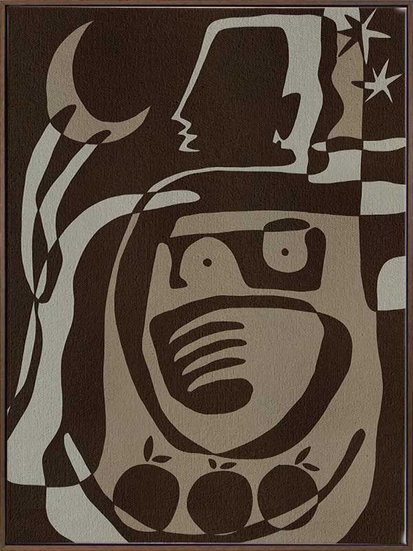 Mystical abstract piece featuring a central figure with etched lines, crescent moon, and floating stars in earthy neutral tones, from the Shatha collection with Urban Road.