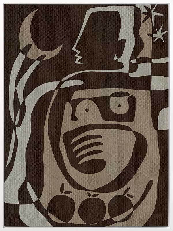 Mystical abstract piece featuring a central figure with etched lines, crescent moon, and floating stars in earthy neutral tones, from the Shatha collection with Urban Road.