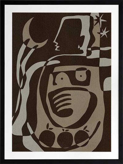 Mystical abstract piece featuring a central figure with etched lines, crescent moon, and floating stars in earthy neutral tones, from the Shatha collection with Urban Road.