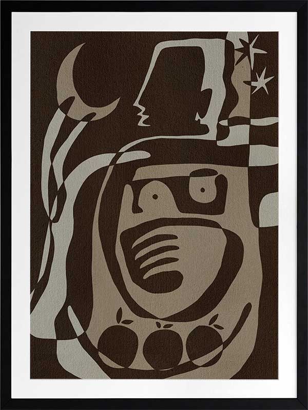 Mystical abstract piece featuring a central figure with etched lines, crescent moon, and floating stars in earthy neutral tones, from the Shatha collection with Urban Road.