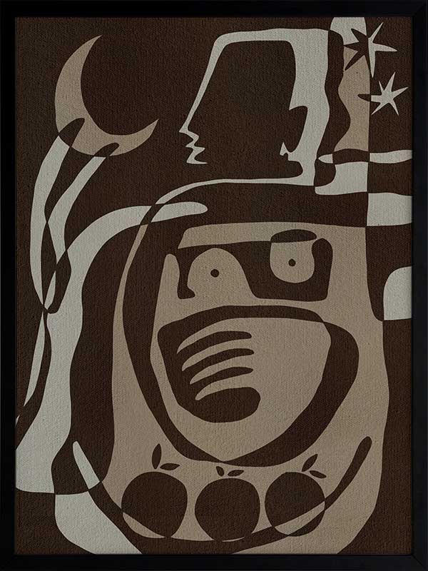 Mystical abstract piece featuring a central figure with etched lines, crescent moon, and floating stars in earthy neutral tones, from the Shatha collection with Urban Road.